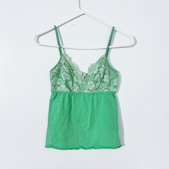 Vintage 2000 Y2K Women's Size 2 S Green Cami with Lace Tank Top - Picture 1 of 7